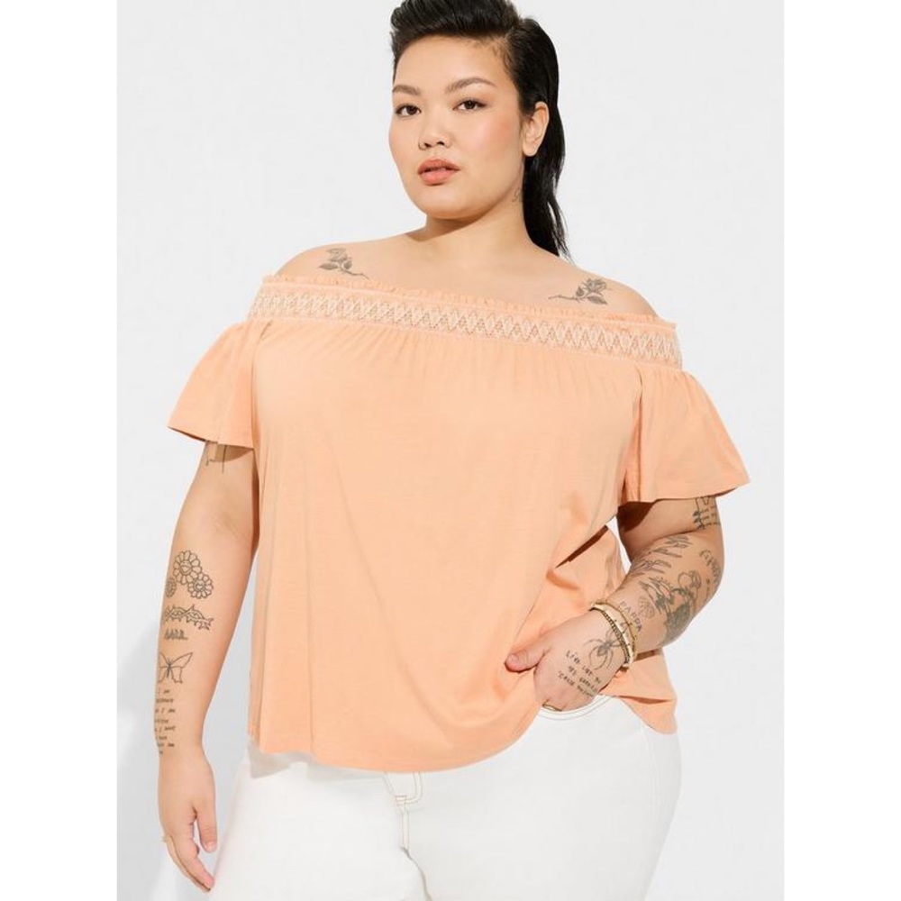 Torrid Cotton Modal Jersey Off Shoulder Smocked Yoke Top Peach Blouse
